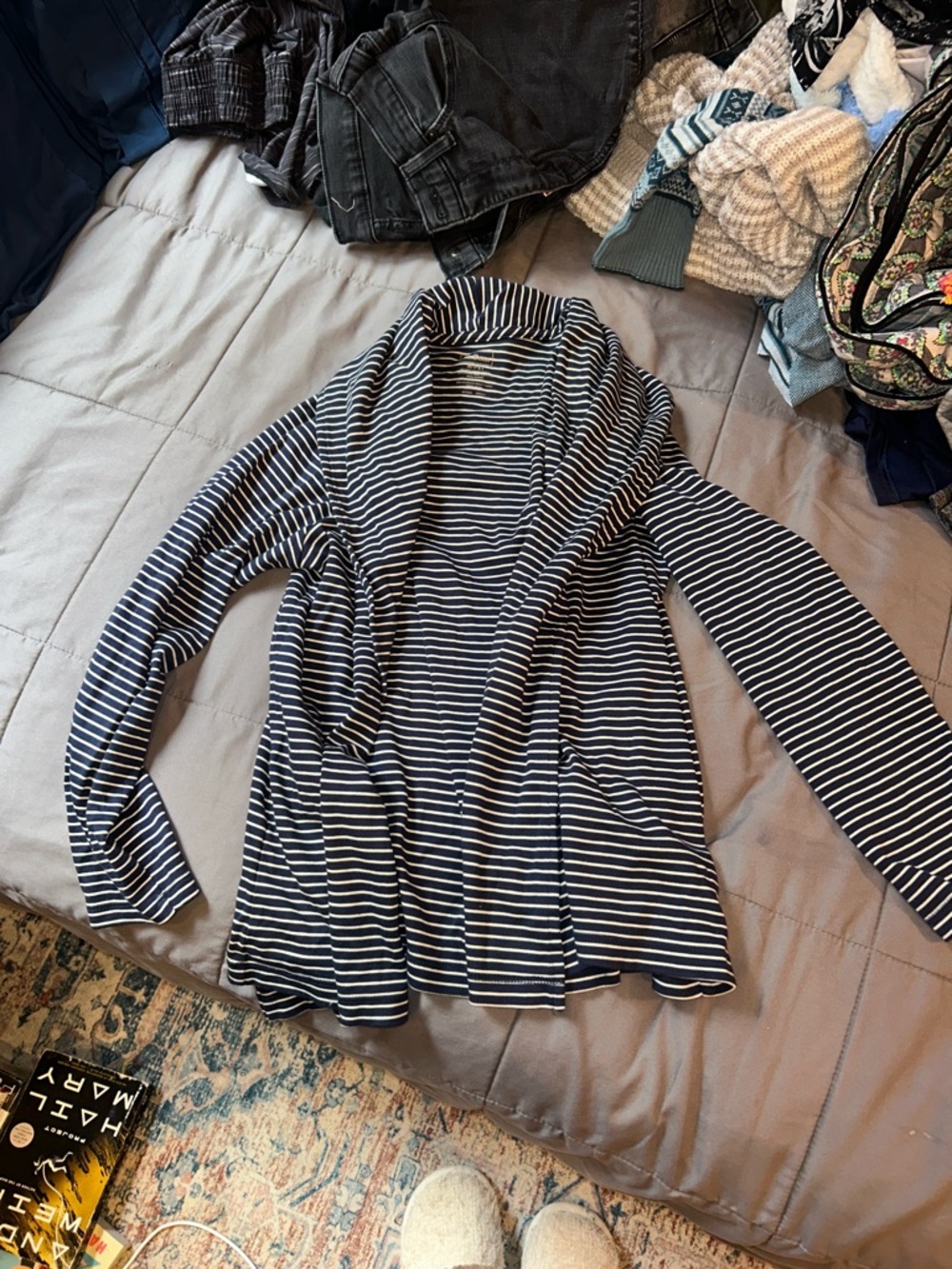 L.L. Bean Navy and White Striped Open-Front Cardigan